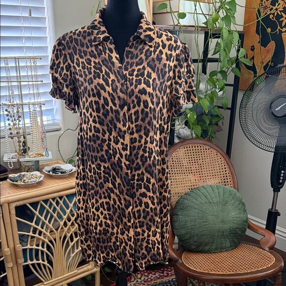 Alice + Olivia Jude Leopard Print Tunic Mini Button Up Shirtdress - Picture 1 of 5
